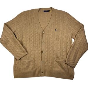 Polo Ralph Lauren Mens XXL Wool Cashmere Cable Knit Cardigan Tan V-Neck Sweater
